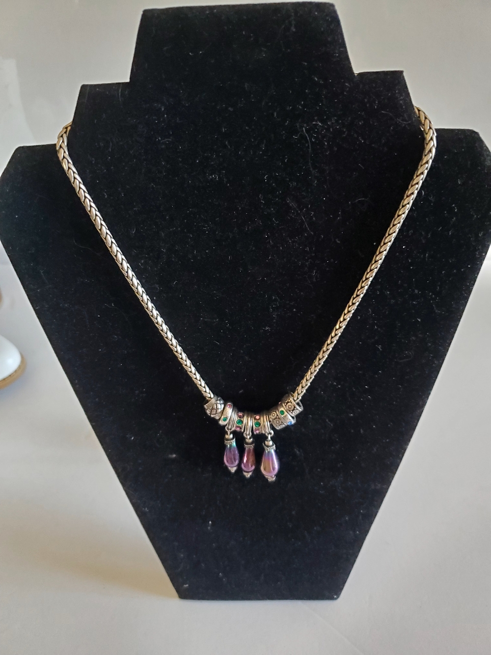 Chico's Braided Silver-Tone 18-20" Necklace with Sliding Purple Glass Teardrops